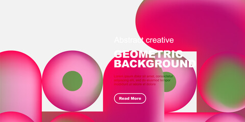 Abstract geometric design. Pink, green shapes overlap white, black space. Text block includes sample content, button. Modern aesthetic.