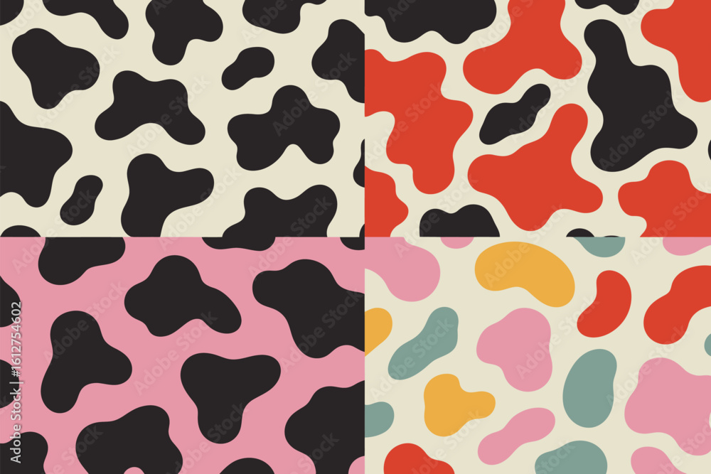Poster a colorful collage of four different patterns resembling cow spots in various color combinations and