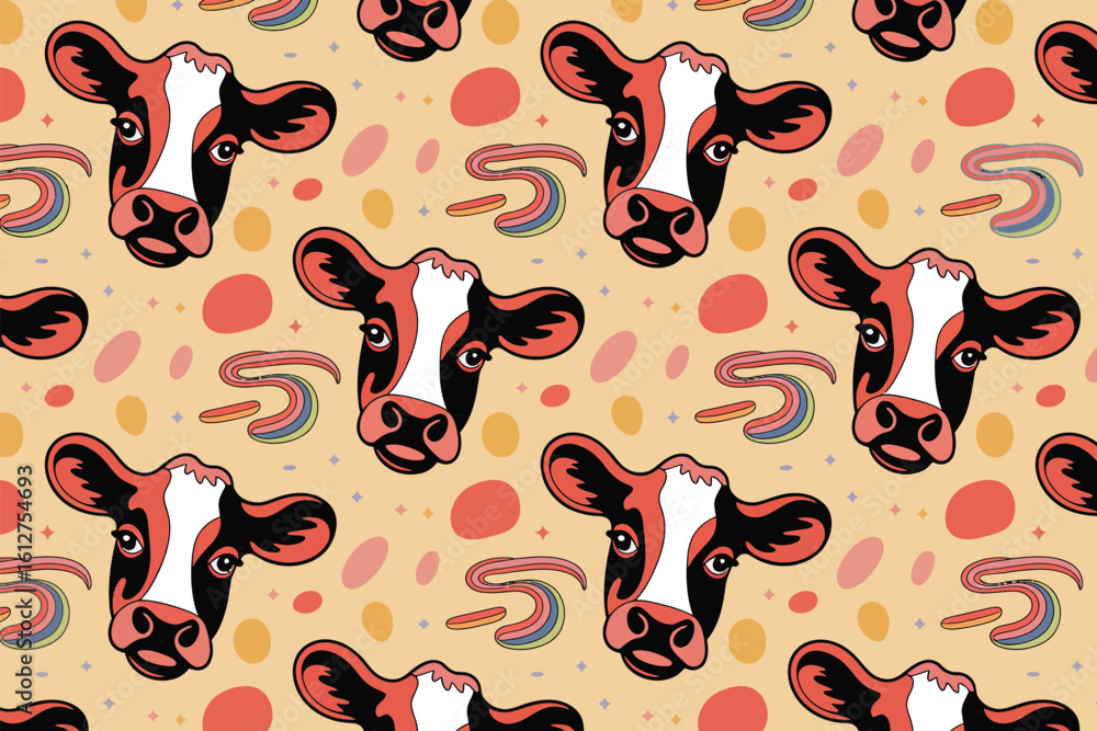 Poster seamless pattern of cow heads with rainbow swirls and colorful dots on a light yellow background des
