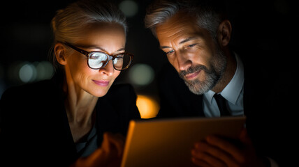 A senior business partner couple isolated against a dark background using a laptop.