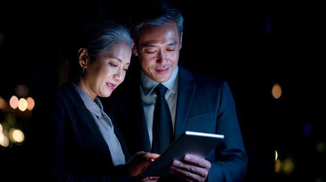 A senior business partner couple isolated against a dark background using a tablet.