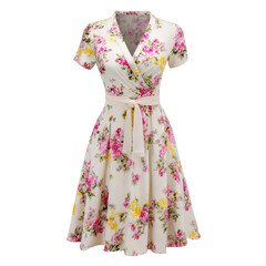 Obraz premium Elegant Floral Summer Dress with Short Sleeves and Waist Tie isolated on transparent white background, clipping path