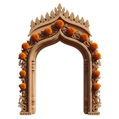 Decorative Architectural Archway Adorned With Carved Details And Orange Marigold Flowers On White