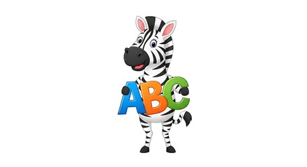 A cartoon zebra holding abc letters in blue orange and green on a white background illustration