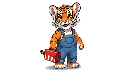 Cartoon tiger cub standing wearing overalls and holding a red and white striped toolbox illustration