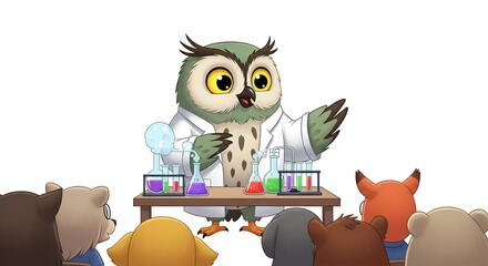 Cartoon owl professor teaching science to animal students with beakers and flasks on a table top lesson