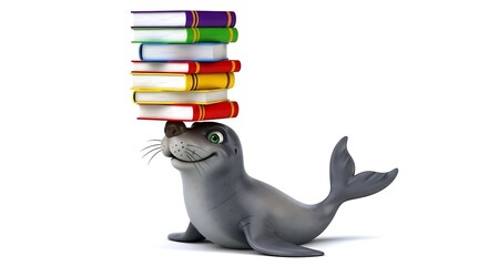 A cartoon seal balancing a stack of colorful books on its head against a white background view