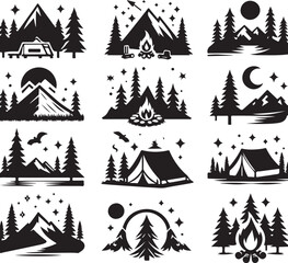 A vector set of camping icons featuring a festive winter night forest illustration with a holiday tree, snow, and stars