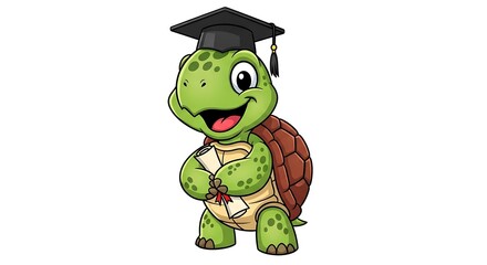 A cartoon turtle wearing a graduation cap and holding a diploma on a white background illustration
