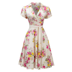 Obraz premium Elegant Floral Summer Dress with Short Sleeves and Waist Tie isolated on transparent white background, clipping path