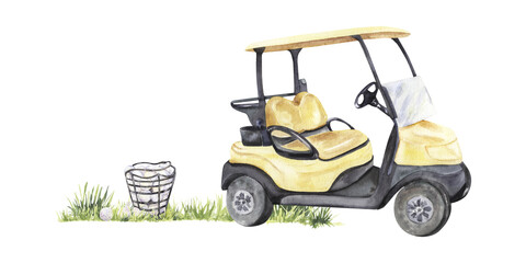 Golf cart with bucket of balls on grass in watercolor style