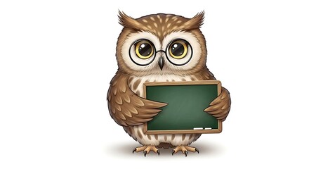 Illustrated owl wearing glasses holding a blank green chalkboard with a piece of chalk on it
