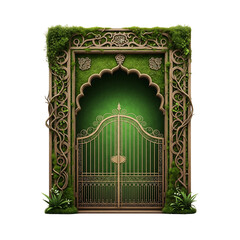 Ornamental Gate With Moss And Lush Greenery Isolated On White Background For Design Elements