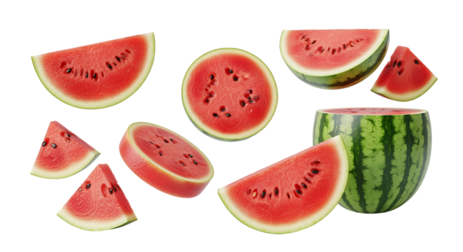Assorted Watermelon Slices and Halves Displaying Juicy Red Flesh and Black Seeds.
