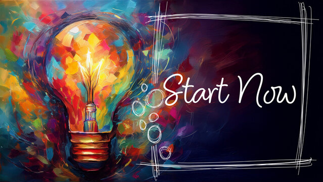 Start Now Bulb Colorful Painting Left Text Horizontal Dark