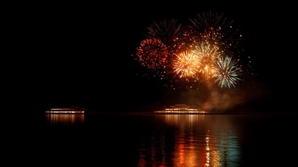 Fireworks explode over a body of water at night.
