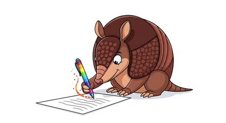 Armadillo cartoon writing on paper with a rainbow pen and sparkles on a white background image art