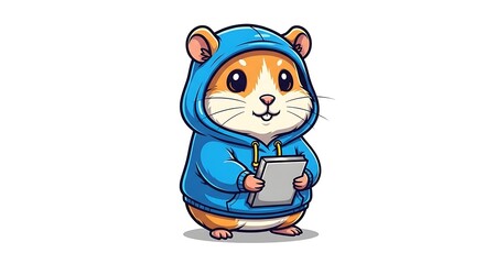 Cartoon hamster wearing a blue hoodie and holding a notepad standing on a white background isolated