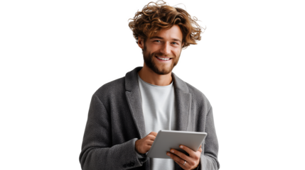 Smiling Person Using A Digital Tablet isolated on transparent background