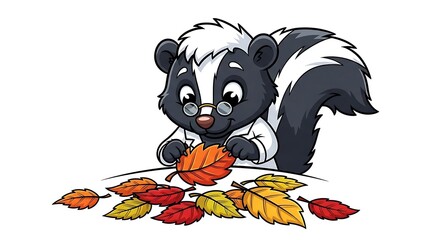 Cartoon skunk wearing glasses and lab coat examining colorful autumn leaves on a white background