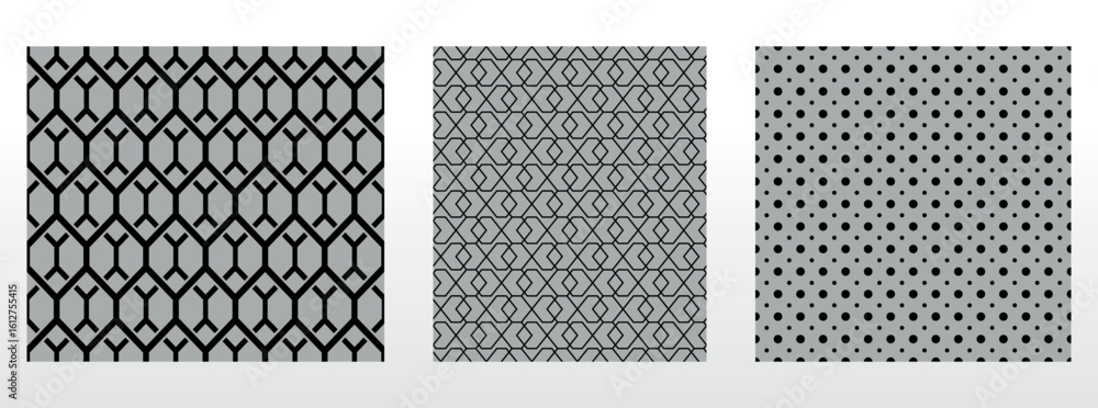 Poster geometric set of seamless black and gray patterns. simple vector graphics
