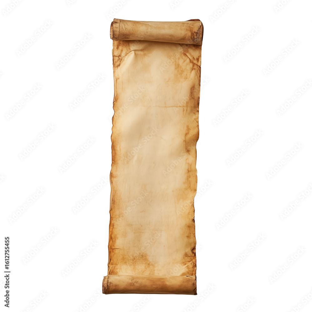 Poster ancient parchment scroll: a detailed shot showcasing an old, parchment scroll with texture and marks