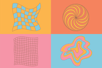 Naklejka premium A collage of four abstract designs with checkered, spiral, and wavy patterns on colorful backgrounds