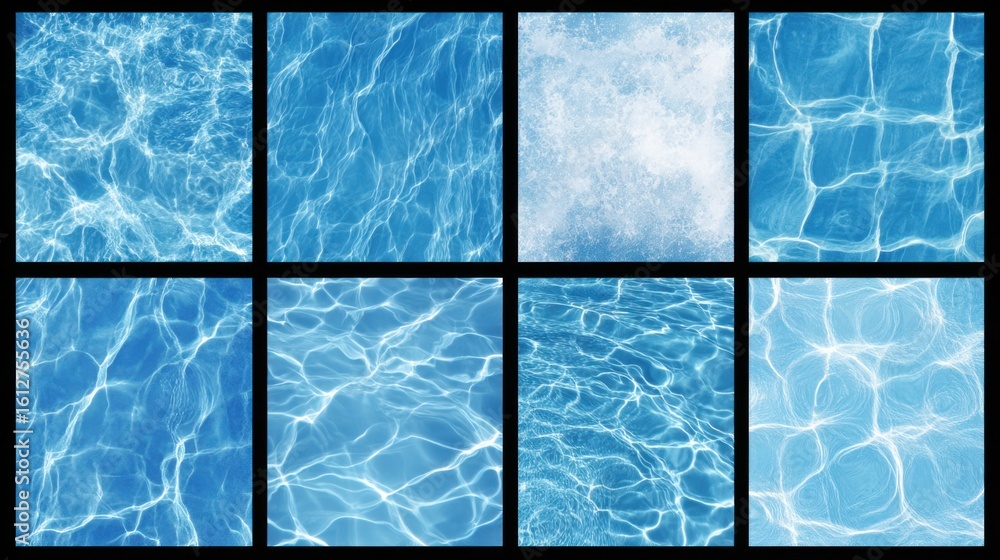 Poster different surfaces and patterns of water are showcased in a grid formation, highlighting various sha