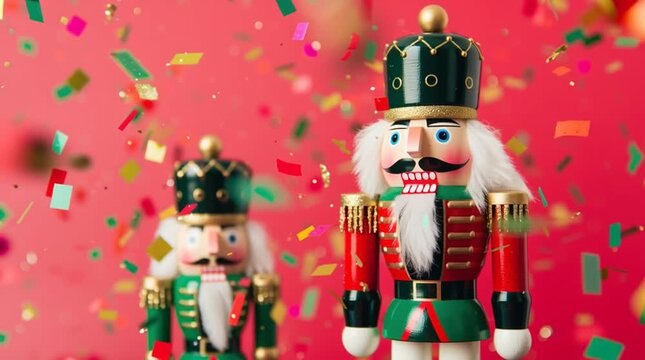 Colorful nutcracker figurines in festive attire stand against a vibrant red background, surrounded by colorful confetti, capturing the essence of holiday celebrations and joyful moments