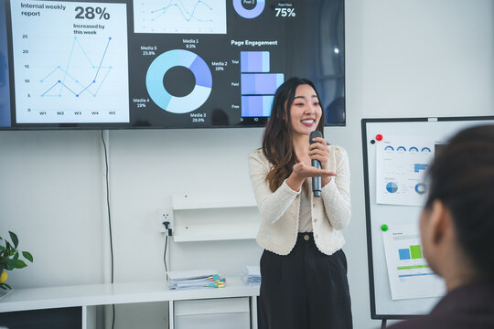 Young Asian businesswoman presenting financial charts and graphs on an interactive TV screen and whiteboard during a meeting with colleagues, explaining company finances - Powered by Adobe