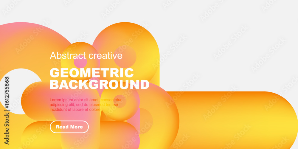 Poster abstract shapes overlap, creating vibrant orange, yellow gradients. text promotes geometric backgrou