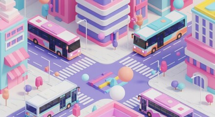 Pastel Cityscape with Buses and Abstract Sculptures at a Crossroads