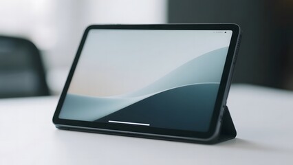 Modern Tablet Displayed on a Stand Against a Neutral Background