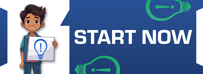 Start Now Boy Holding Sign Bulb Symbol Left Horizontal Text 