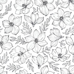 Hand-Drawn Seamless Floral Line Art Pattern on White Background