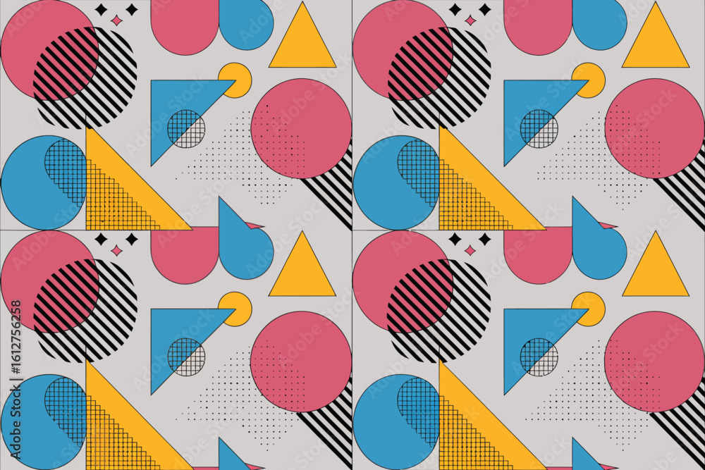 Poster geometric pattern with circles triangles and lines in pink blue yellow and black on a gray backgroun