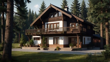 German Black Forest home with dark timber accents and vintage decor, 3D render