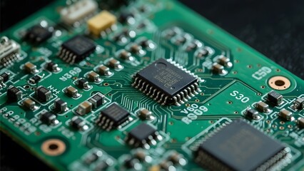 Close-up of a green circuit board with various electronic components