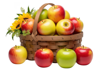 Woven basket brimming with red yellow apples and sunflowers against fruit wicker