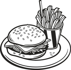 Burger and fries fast food vector illustration with hamburger, drink, and snack icons