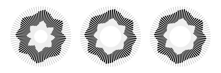 Abstract circle elements with rays, beams. Starbursts shapes collection isolated on white background. Abstract circular graphic elements. Radiating lines. Vector icons.