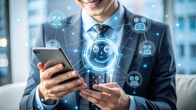 Photo of a smiling businessman is interacting with a digital network on his smartphone, showcasing the future of communication and artificial intelligence - Powered by Adobe
