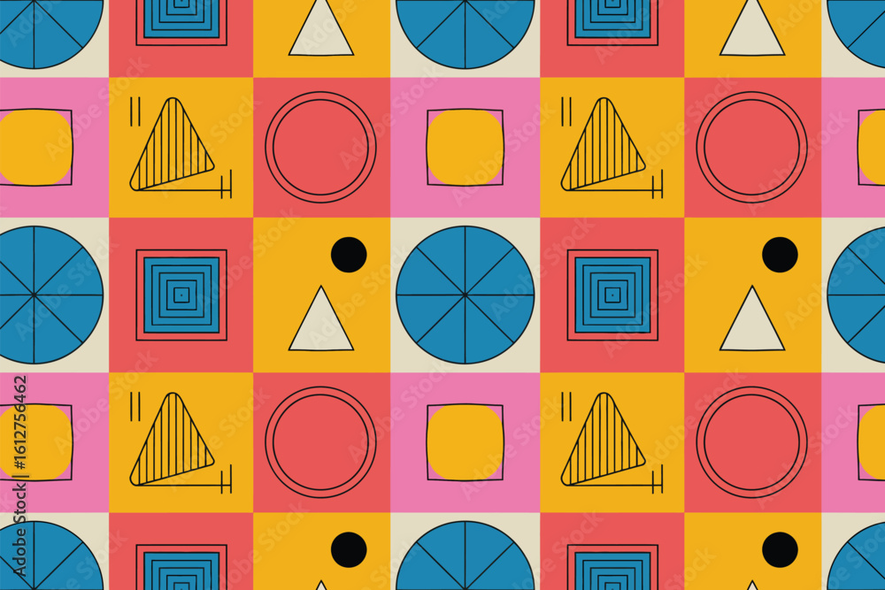 Fototapete geometric pattern with squares containing circles triangles and squares in various colors and design