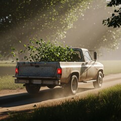 Rusty Pickup Truck Hauling Greenery on a Dusty Country Road