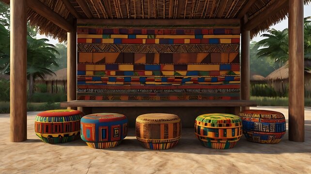 Ghanaian Ashanti house with kente cloth and carved stools, 3D rendering