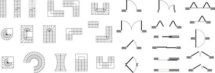 Type of stairs and type of doors, architectural elements for the floor plan, blueprint, customizable stroke, vector, illustration