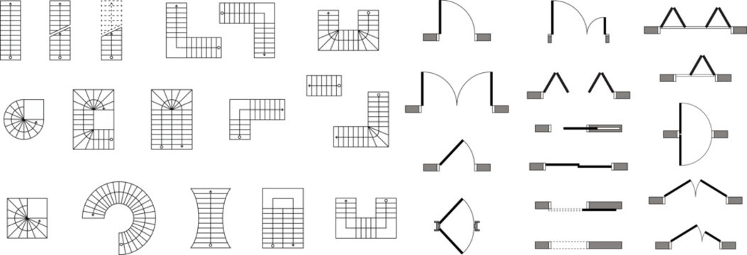 Type of stairs and type of doors, architectural elements for the floor plan, blueprint, customizable stroke, vector, illustration