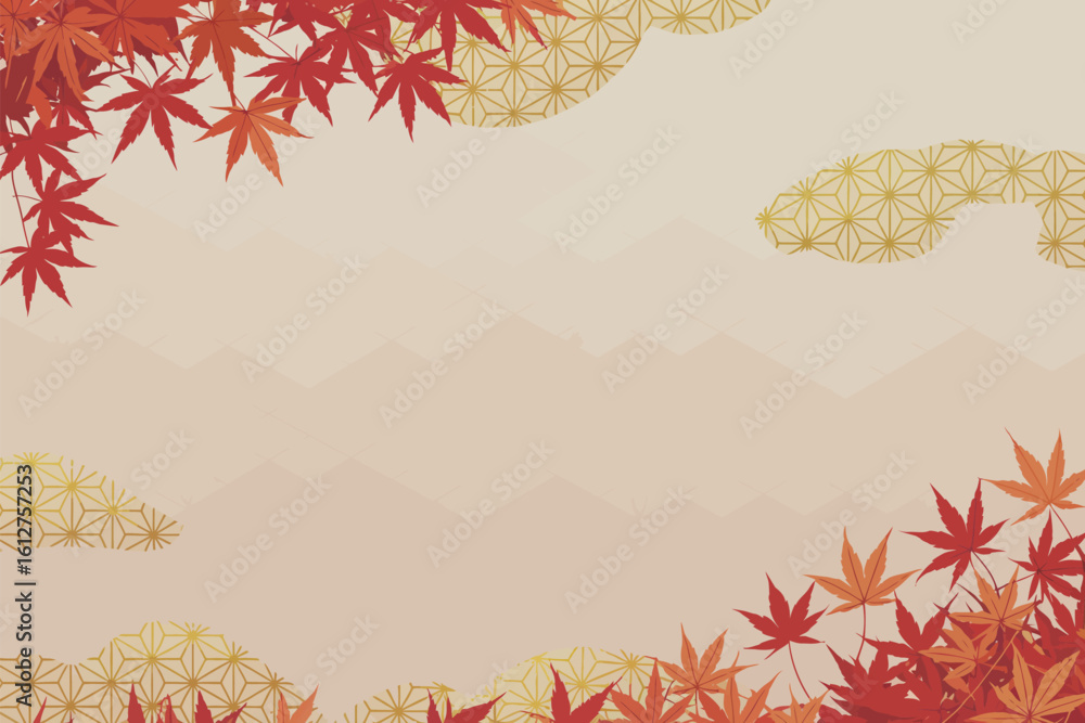 Poster autumn leaves and geometric pattern background with beige and red colors in a japanese style design