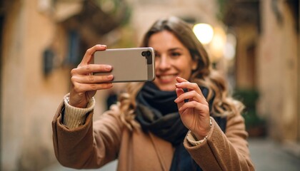 Smiling woman taking a selfie outdoors in a city