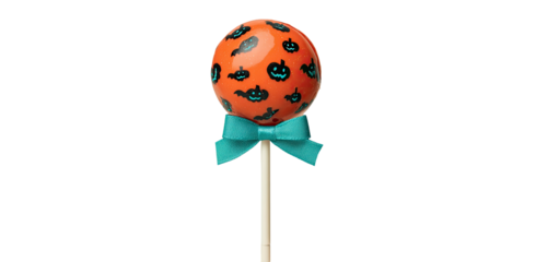 Halloween-themed cake pop with orange ball, black jack-o'-lantern and bat designs, teal ribbon